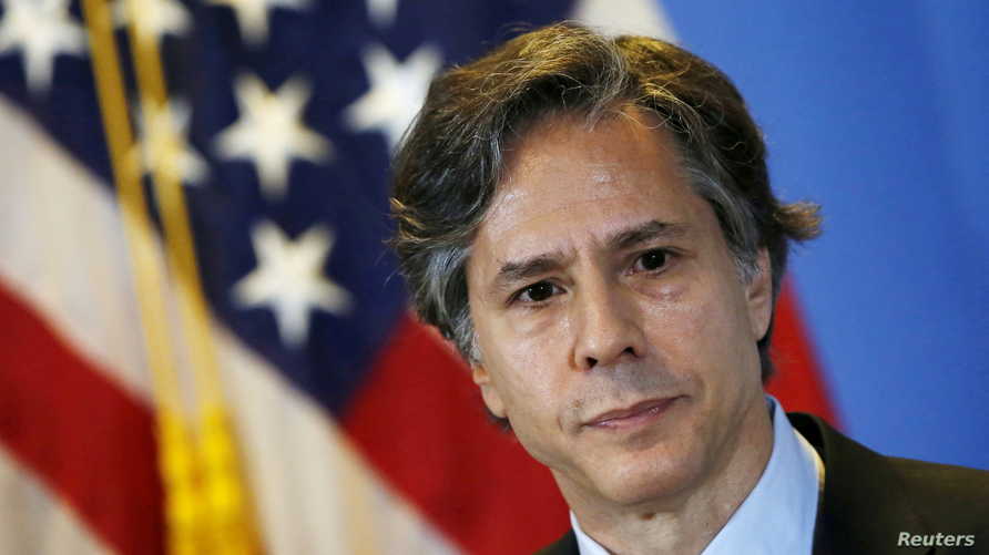 FILE PHOTO: U.S. Deputy Secretary of State Antony Blinken listens to journalists' questions during a news conference, at a hotel in Mexico City