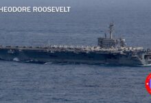 صورة صقر اوسنت – القيادة المركزية الامريكية – المجموعة الضاربة بقيادة حاملة الطائرات ثيودور روزفلت الى منطقة عمليات الاسطول الخامس الامريكي